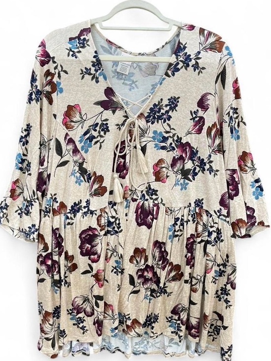 Terra & Sky Tops - Terra & Sky Cream Floral Tie-Front Peasant Tunic